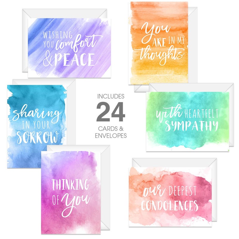 Canopy Street Watercolor Sympathy Cards / 24 Comfort And Peace Note Cards / 6 Colorful Designs With Blank White Envelopes / 4 5/8" x 6 1/4" Thinking Of You Greeting Cards - Image 2